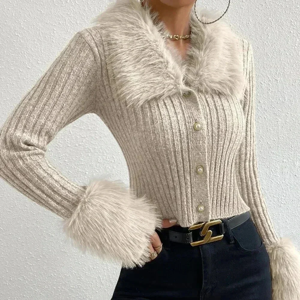 Apricot Elegant Women's Fuzzy Collar Ribbed Knit Cardigan - Picture 6 of 8